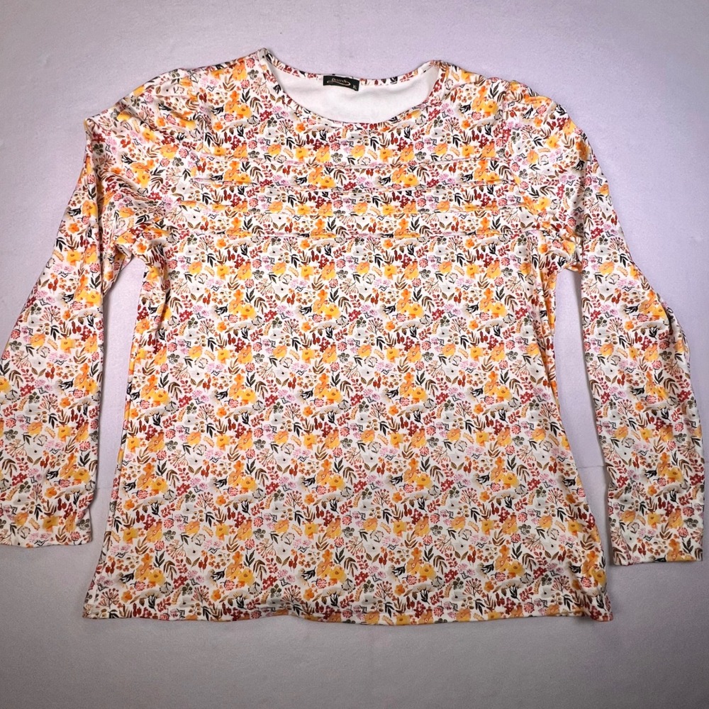 Ofeefan Womens Floral Pintuck Pleated Long Sleeve Top Blouse Orange Yellow XL